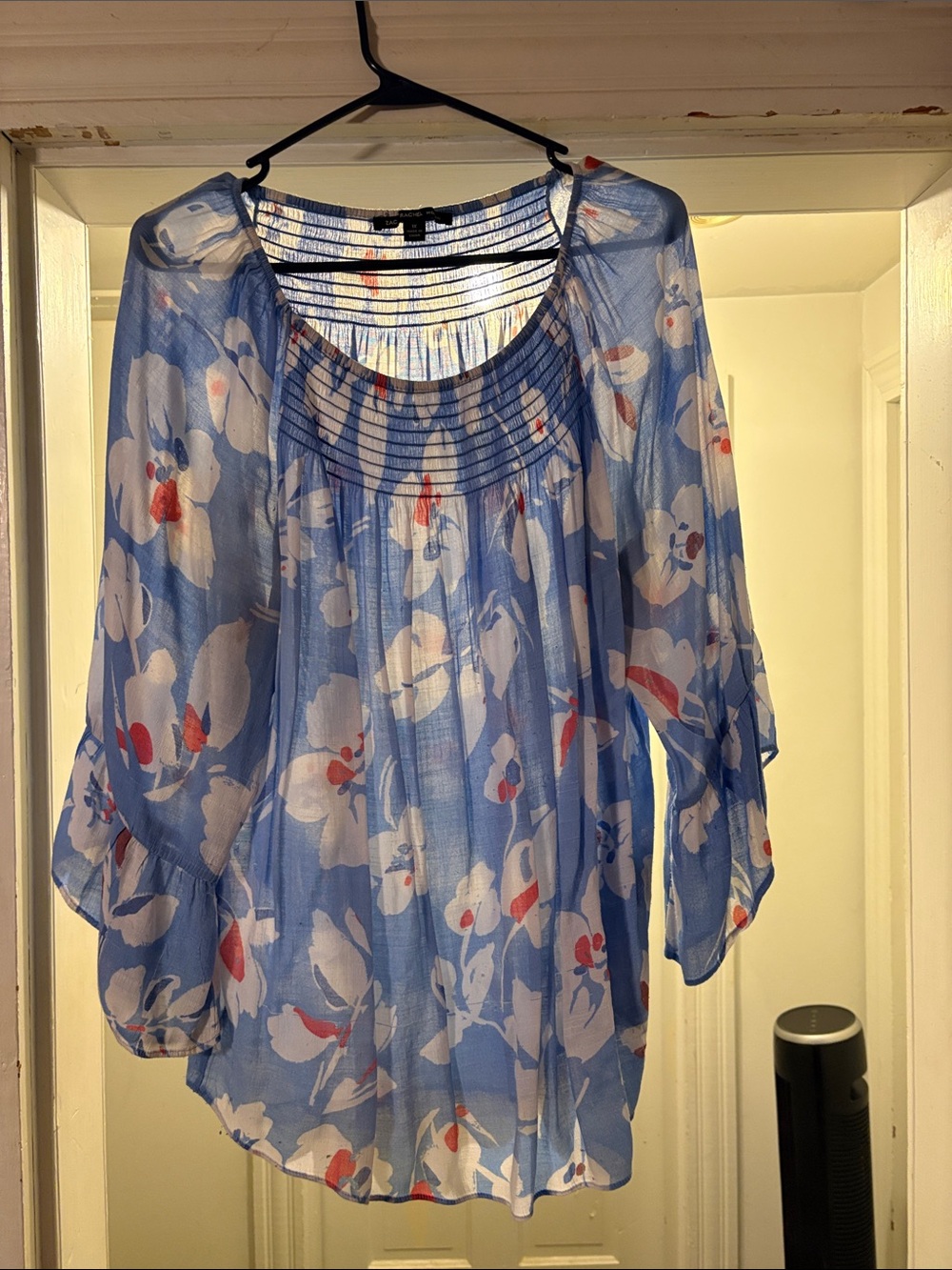 Zac & Rachel Blue Sheer Floral Blouse with Coral Accents